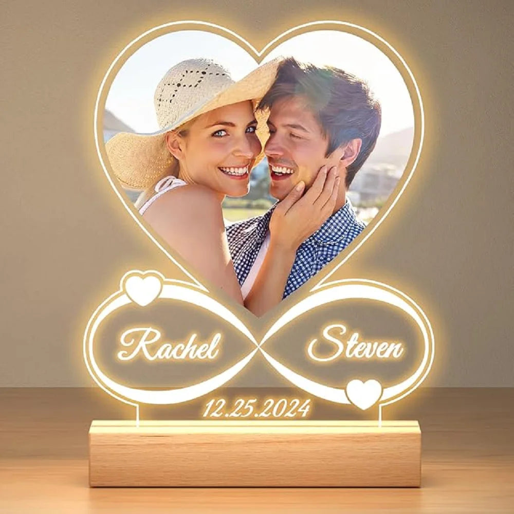 Multipurpose Custom Acrylic Heart LED Photo Plaque Personalized Couples Love Signs Tabletop Lamp Wedding Anniversary Gift Decor