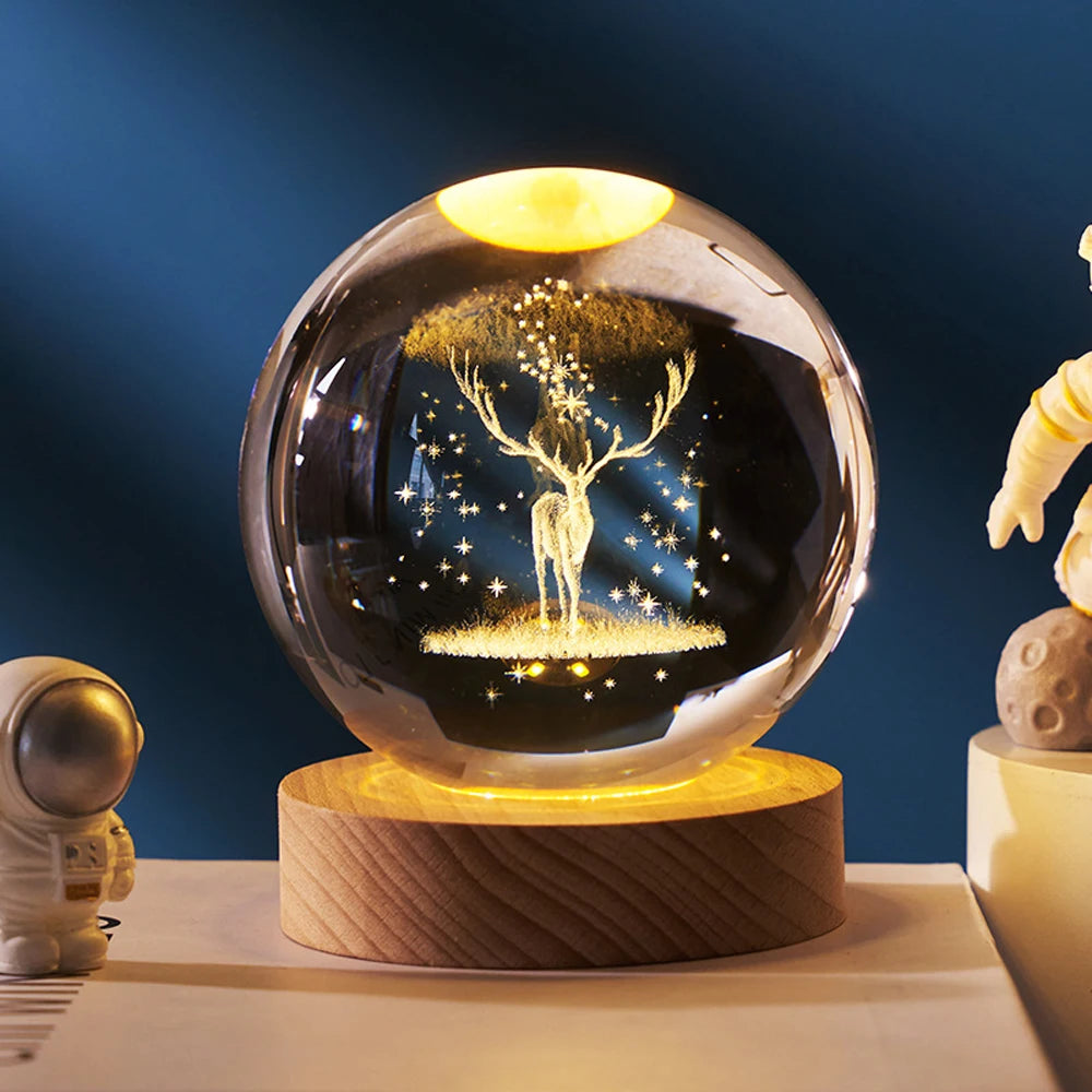 Hot 6cm 3D Crystal Ball Stitch Pikachu Wooden base with 6cm crystal ball Planet Night Light Laser Carving Children's Gifts