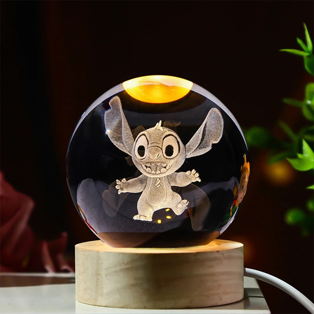 Hot 6cm 3D Crystal Ball Stitch Pikachu Wooden base with 6cm crystal ball Planet Night Light Laser Carving Children's Gifts