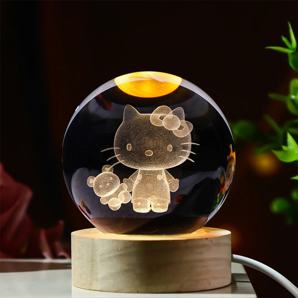 Hot 6cm 3D Crystal Ball Stitch Pikachu Wooden base with 6cm crystal ball Planet Night Light Laser Carving Children's Gifts