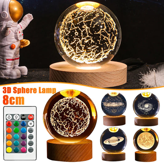 3D Crystal Lights Lamp Glowing Planetary Galaxy Night Light Luminous Crystal Ball Bedside Light Home Decor Christmas Gift