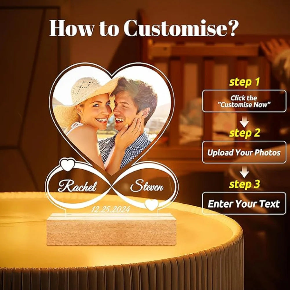 Multipurpose Custom Acrylic Heart LED Photo Plaque Personalized Couples Love Signs Tabletop Lamp Wedding Anniversary Gift Decor