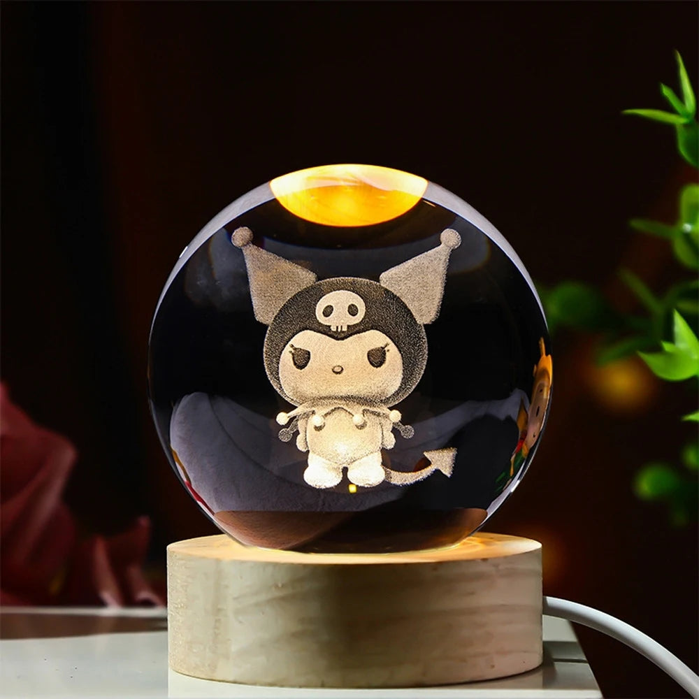 Hot 6cm 3D Crystal Ball Stitch Pikachu Wooden base with 6cm crystal ball Planet Night Light Laser Carving Children's Gifts