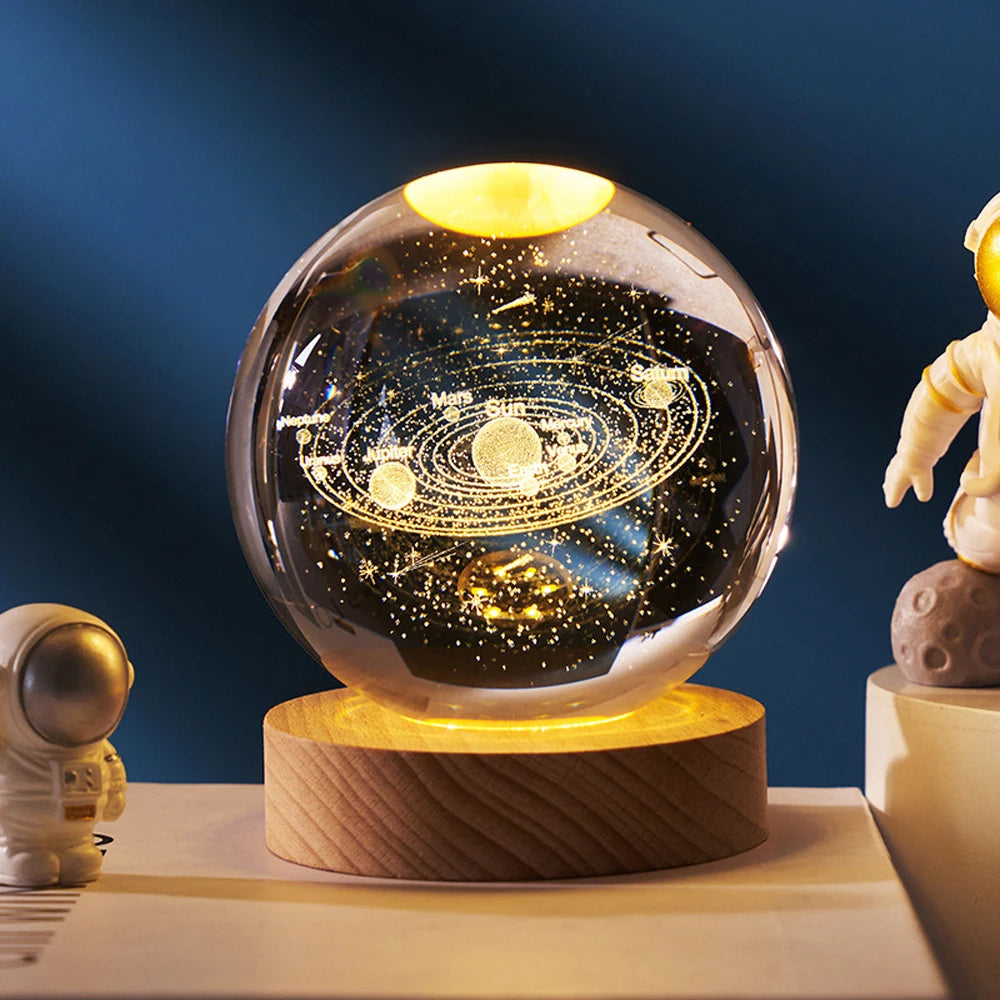 Hot 6cm 3D Crystal Ball Stitch Pikachu Wooden base with 6cm crystal ball Planet Night Light Laser Carving Children's Gifts