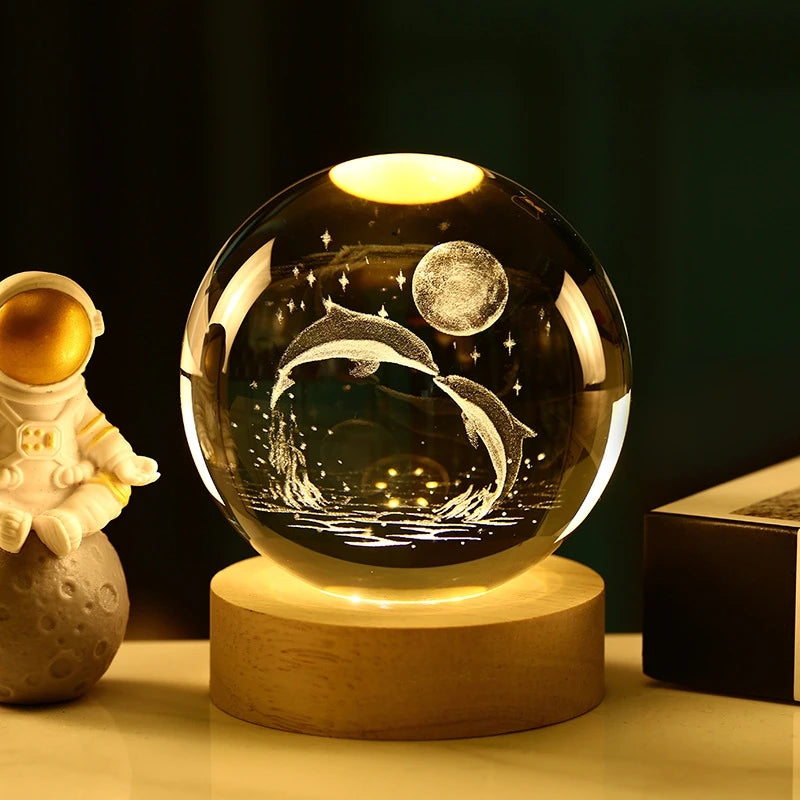 Hot 6cm 3D Crystal Ball Stitch Pikachu Wooden base with 6cm crystal ball Planet Night Light Laser Carving Children's Gifts