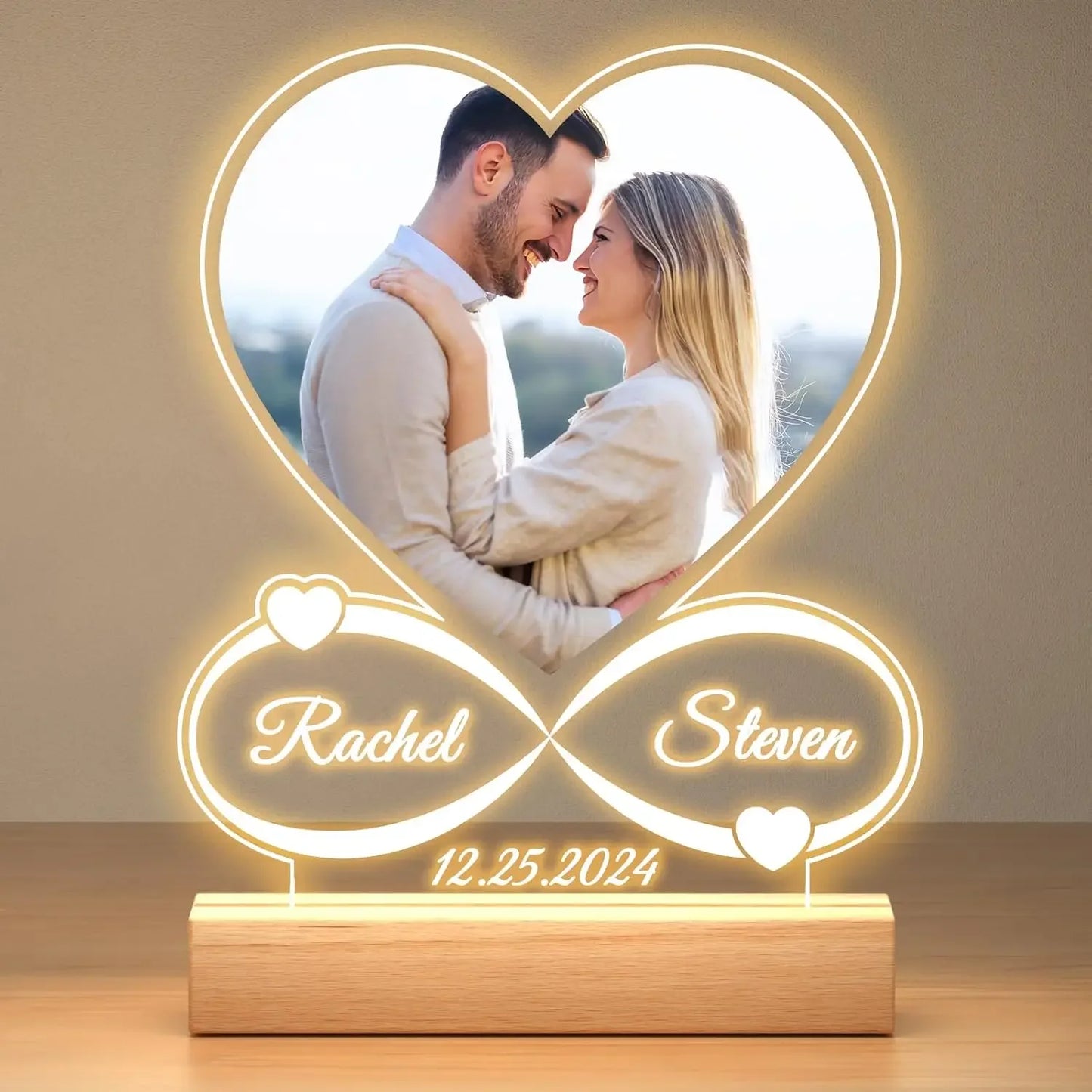 Multipurpose Custom Acrylic Heart LED Photo Plaque Personalized Couples Love Signs Tabletop Lamp Wedding Anniversary Gift Decor