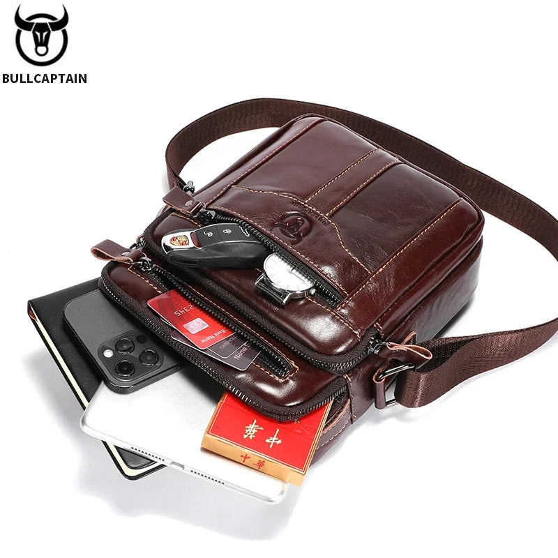 BULLCAPTAIN Men's Genuine Leather Shoulder Crossbody Bag Business 7.9-inch Tablet Bag Multifunctional Portable Envelope Bag