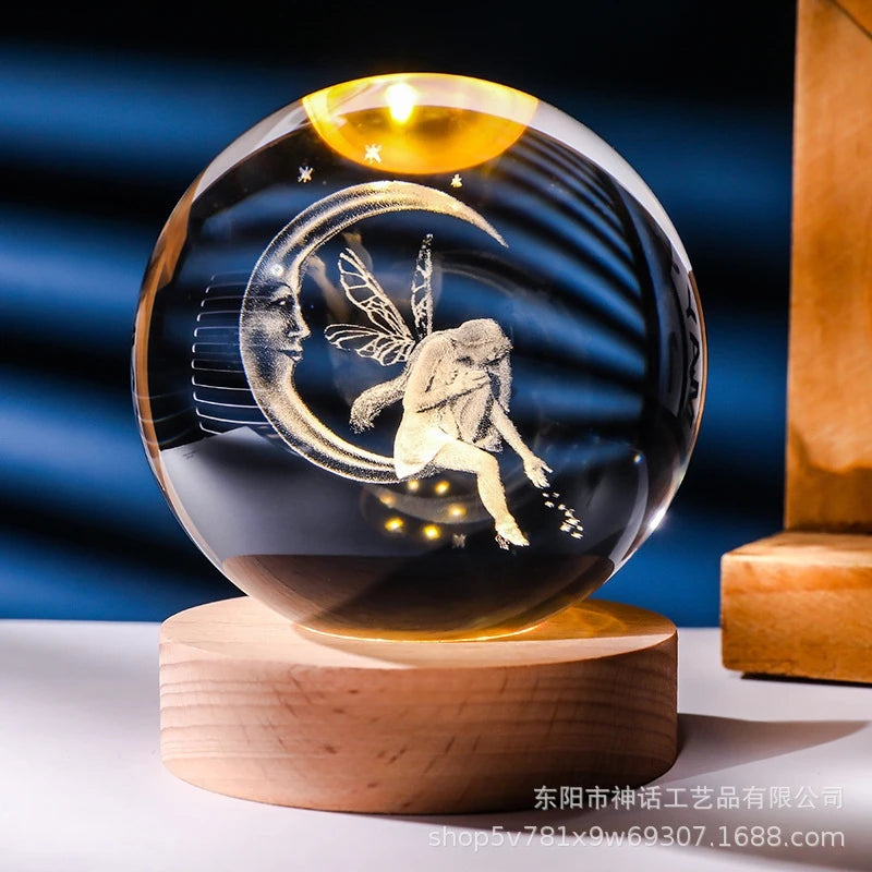 Hot 6cm 3D Crystal Ball Stitch Pikachu Wooden base with 6cm crystal ball Planet Night Light Laser Carving Children's Gifts