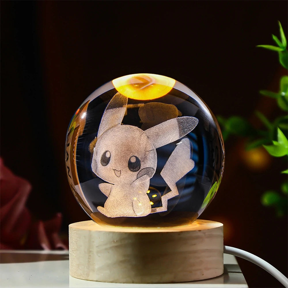 Hot 6cm 3D Crystal Ball Stitch Pikachu Wooden base with 6cm crystal ball Planet Night Light Laser Carving Children's Gifts