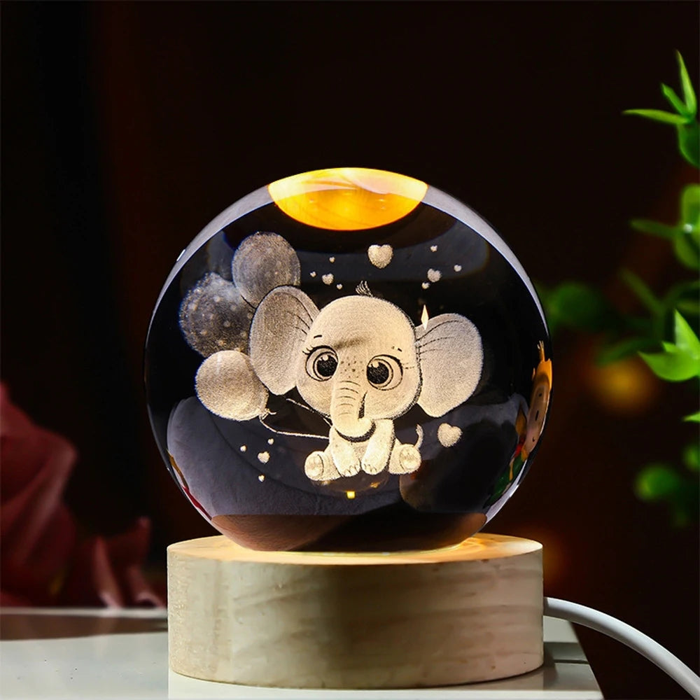 Hot 6cm 3D Crystal Ball Stitch Pikachu Wooden base with 6cm crystal ball Planet Night Light Laser Carving Children's Gifts