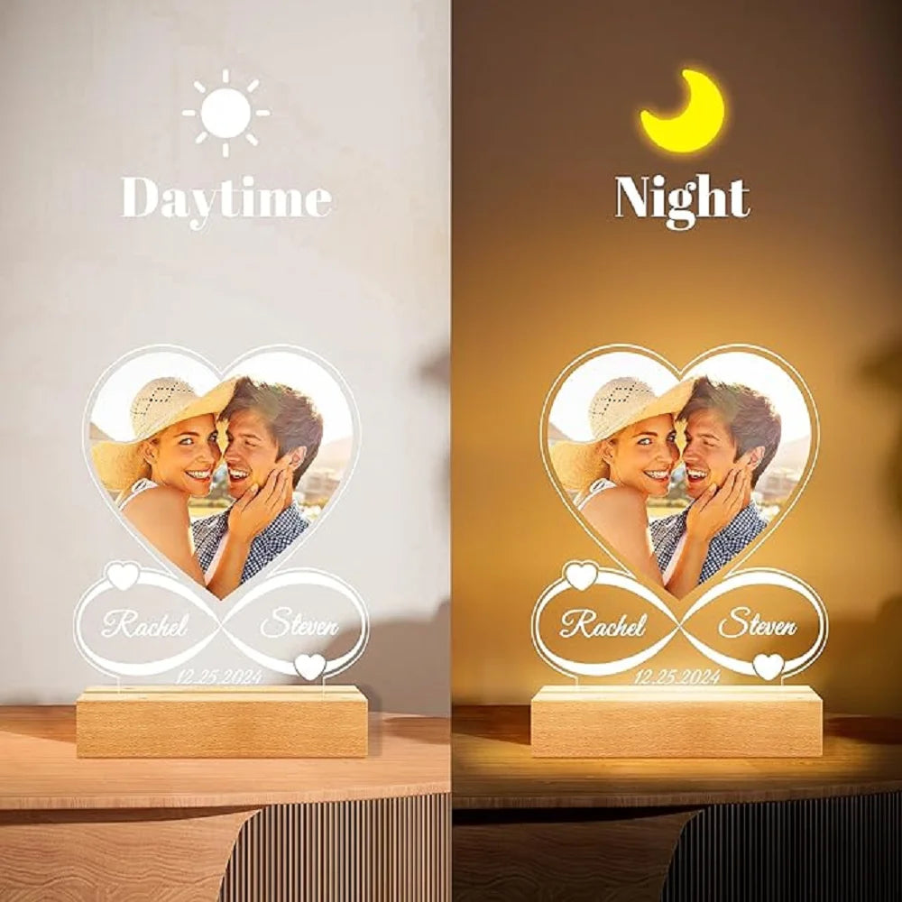 Multipurpose Custom Acrylic Heart LED Photo Plaque Personalized Couples Love Signs Tabletop Lamp Wedding Anniversary Gift Decor