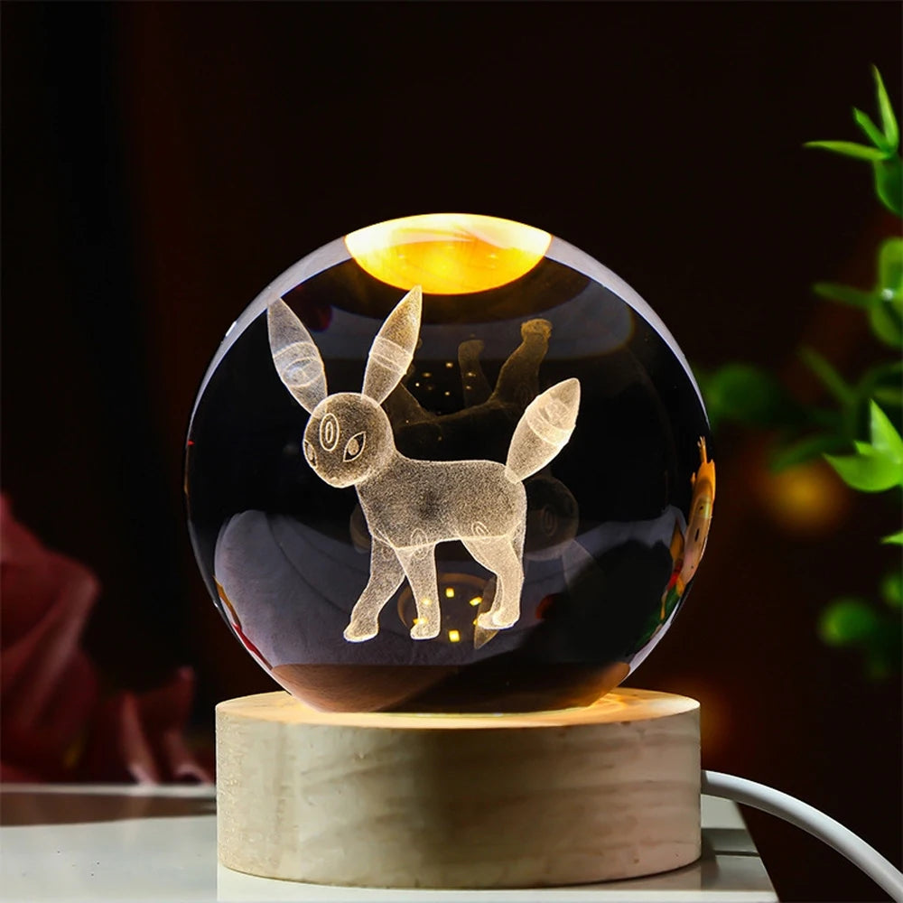 Hot 6cm 3D Crystal Ball Stitch Pikachu Wooden base with 6cm crystal ball Planet Night Light Laser Carving Children's Gifts