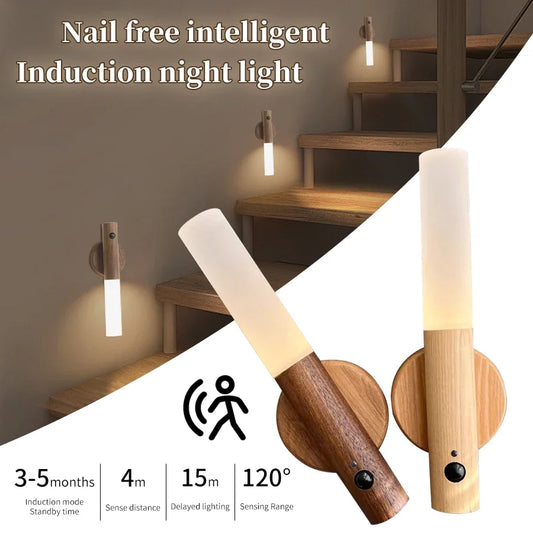 Human Sensor LED Night Light Wireless Magnetic Type-C Charging Wood Wall Lamp 3 Colors Dimming Kitchen Bedroom Cabinet Light